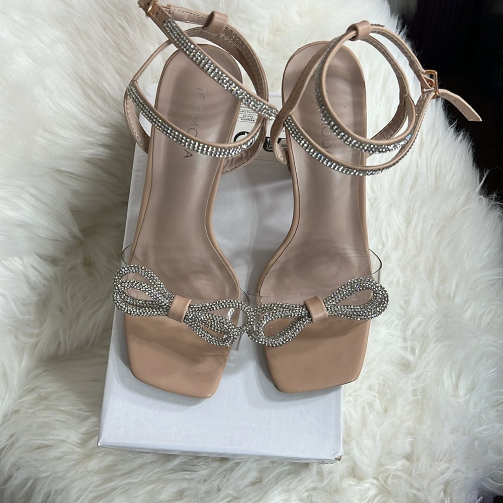 Nude/Clear Women Bow Rhinestone Heels